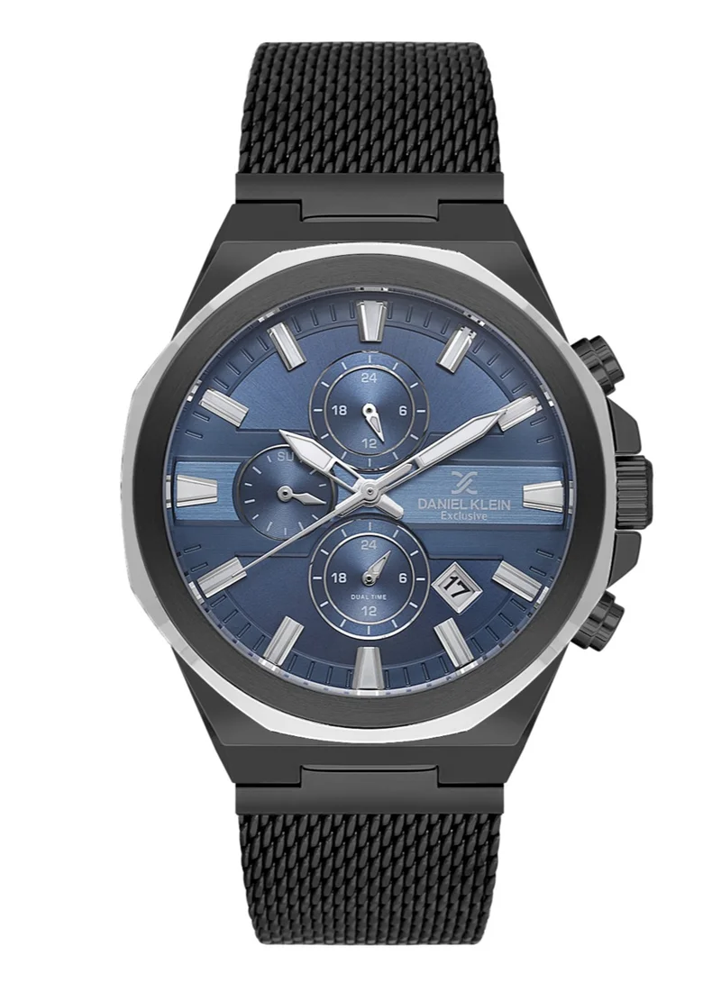 DANIEL KLEIN Men's Mesh Band Black and Silver Alloy Case Analog Blue Round Double Layer Dial Japanese Quartz Exclusive 50 Meters Water Resistant